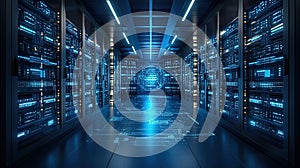 Blue Digital Background With Data Visualization And Server Rack Illustrating Big Data Network Security