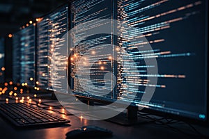 AI generated technology illustration showing multiple monitors with glowing programming code and data streams representing