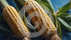 Three ears of fresh corn on blue background.