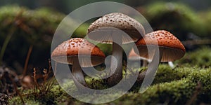 Three mushrooms are growing in a patch of moss.