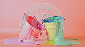 Ai generated Three Soft Pastel Paint Buckets Spilling on Bright, Splattered Canvas