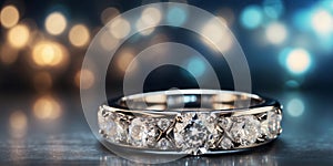 A tight shot of a ring featuring a clear diamond at its center, surrounded by indistinctive background lights.