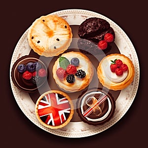 AI generated top down view of cakes bearing the British flag Union Jack.