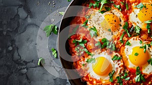 AI Generated. Top view of delicious shakshuka with bright yolks served in a frying pan.