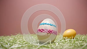 two colorful easter eggs on grass with pink and blue stripes
