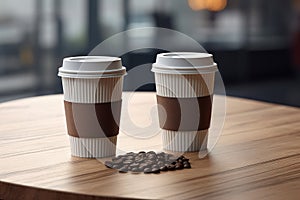 Ai generated two cups of freshly brewed black coffee in stylish plain eco-cups.