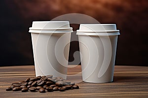 Ai generated two cups of freshly brewed black coffee in stylish plain eco-cups.