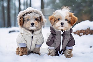 Ai generated two cute little dogs dressed in warm winter clothes walking in a snowy forest.