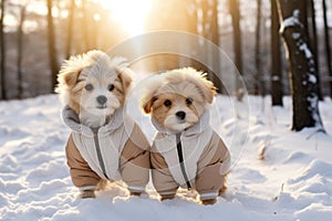 Ai generated two cute little dogs dressed in warm winter clothes walking in a snowy forest.