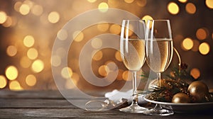 AI generated, two glasses filled with champage and a background with soft lights. Copy space available.