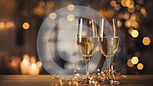 AI generated, two glasses filled with champage and a background with soft lights. Copy space available