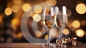 AI generated, two glasses filled with champage and a background with soft lights. Copy space available