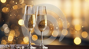 AI generated, two glasses filled with champage and a background with soft lights. Copy space available.