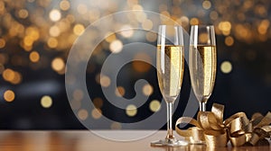 AI generated, two glasses filled with champage and a background with soft lights. Copy space available