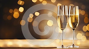 AI generated, two glasses filled with champage and a background with soft lights. Copy space available.