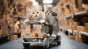 AI-Generated: Two Kittens as Forklift Drivers in a Warehouse Cart with Boxes