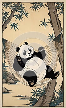 AI generated ukyio-e illustration of a panda relaxing on a hammock with bamboo plants