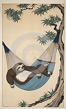 AI generated ukyio-e japanese illustration of a sloth relaxing on a hammock