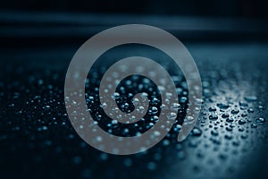 AI generated ultra realistic close up of water droplets on a smooth surface with soft blue reflections creating a calm quiet and