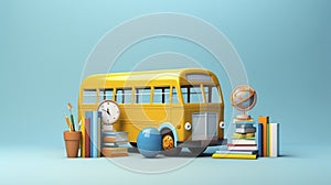 AI generated, vector illustration, americal yellow schoolbus with school accessories on a blue background photo