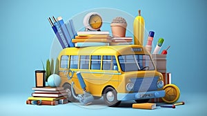 AI generated, vector illustration, americal yellow schoolbus with school accessories on a blue background. photo