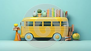 AI generated, vector illustration, americal yellow schoolbus with school accessories on a blue background. photo