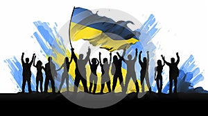 vector illustration, backview group of people, sihouettes in black color, waiste up, holding arms up with the flag of ukraine photo