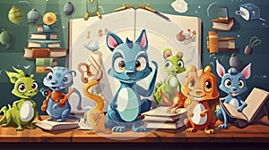 AI generated, vector illustration. Group of funny happy stuffed animals on a wooden desk. Back to school theme.