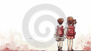 AI generated. Vector illustration. School boy and girl with satchel standing next to each other, holding hands. backview