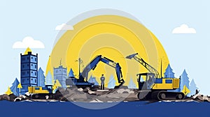 AI generated, vector illustration, view of Construction site with heavy equipment, concept of rebuilding Ukraine after the war.