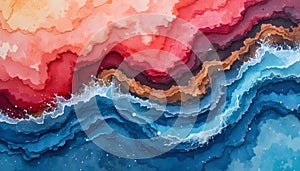 Vibrant Layered Abstract Landscape With Dynamic Ocean And Warm Terracotta Tones