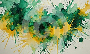 A painting of green and yellow splatters is displayed on a white background. photo