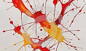 A painting of red and yellow splatters on a white background. photo