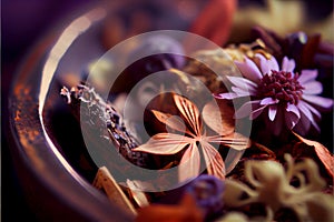 AI generated vibrant close-up of dried flowers, oranges, herbs, and seedpods for use as floral confetti or potpourri.