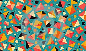 A pattern of triangles and circles is displayed on a blue background.