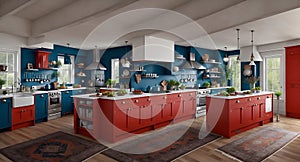 Ai generated a vibrant kitchen with bold red cabinets and blue walls