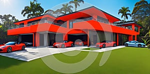 Ai generated a vibrant red house with three cars parked in front of it