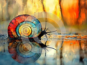 Vibrant snail shell reflection with colorful background.