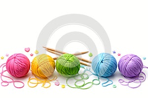 Colorful Yarn Balls With Knitting Needles On White Background Craft Concept