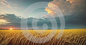 AI generated video animation of landscape with boundless field of yellow wheat on the background of the cloudy sky