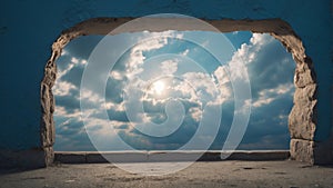 View of cloudy sky through a hole in a blue wall.