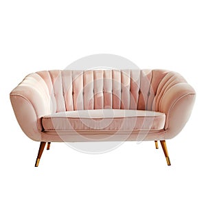 Vintage velour soft pink sofa with wooden legs 70s style on the white background photo