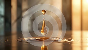 Golden Liquid Drop Suspended in Air Creating Soft Concentric Ripple Waves Below