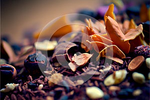 AI generated vivid closeup of dried blossoms, dried oranges, aromatic herb leaves, and seedpods employed as potpourri.