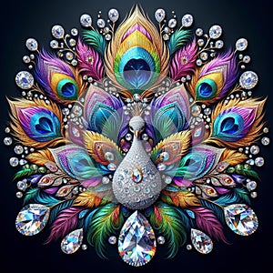 AI generated vivid image of a diamond studded peacock with vibrantly colorful feathers fully spread in the backdrop