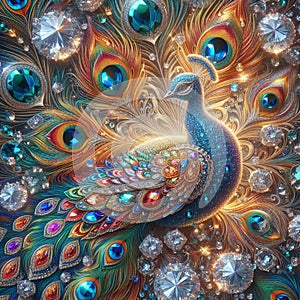 AI generated vivid image of a shining crystals studded peacock with vibrantly colorful feathers fully spread in the backdrop