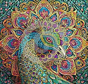 AI generated vividly colorful artwork of a Peacock