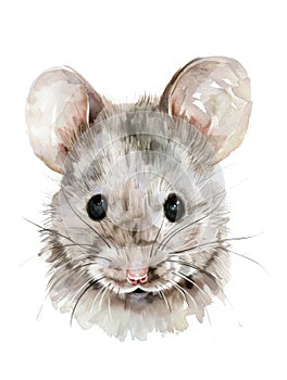 Ai Generated Watercolor Closeup Portrait Of Cute Mouse in Pastel Colors Isolated On White Background