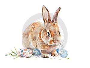 Ai Generated Watercolor Painting Of Cute Easter Baby Bunny Rabbit in Pastel Orange Colors Isolated On White Background