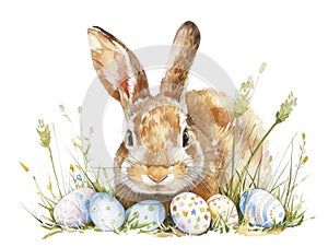 Ai Generated Watercolor Painting Of Cute Easter Bunny Rabbit Layin in a a Grass, Pastel Orange Colors Isolated On White